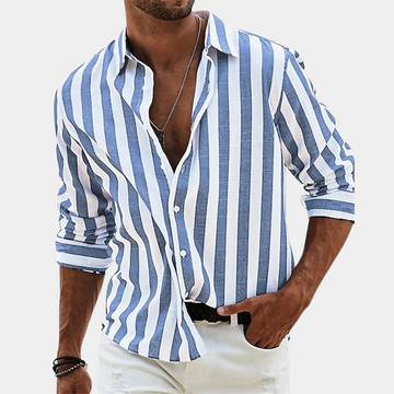 Men's Striped Long Sleeve Shirt Button Up Lightweight Summer Casual Shirt Breathable Comfortable Everyday Fit Modern Style Blue