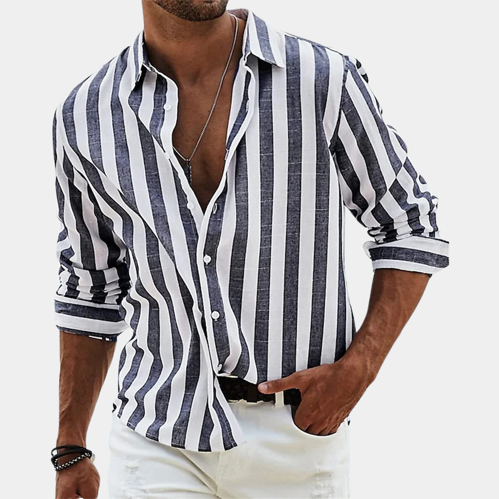 Men's Striped Long Sleeve Shirt Button Up Lightweight Summer Casual Shirt Breathable Comfortable Everyday Fit Modern Style Blue