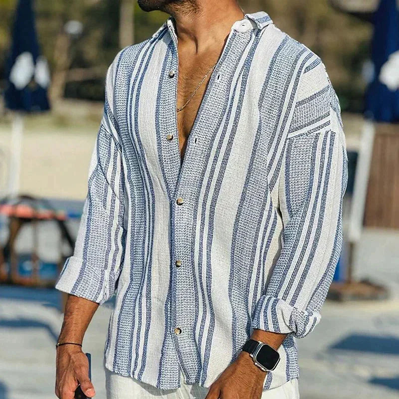 Men's Linen Long Sleeve Shirt Striped Loose Fit Breathable Lightweight Summer Casual Shirt Soft Comfortable Everyday Top Blue