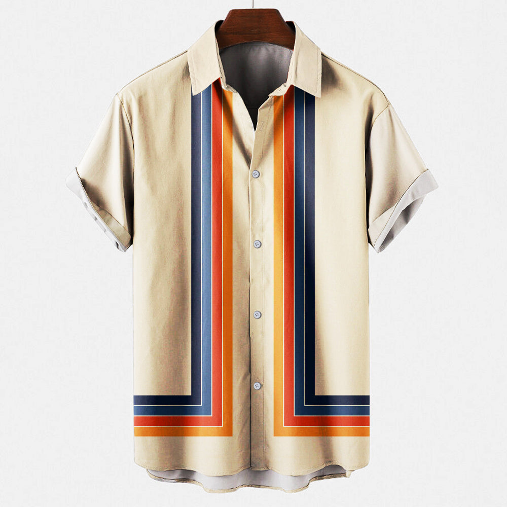 Men's Retro Short Sleeve Shirt Collared Button Up Vintage Style Summer Casual Shirt Lightweight Comfortable Top Beige