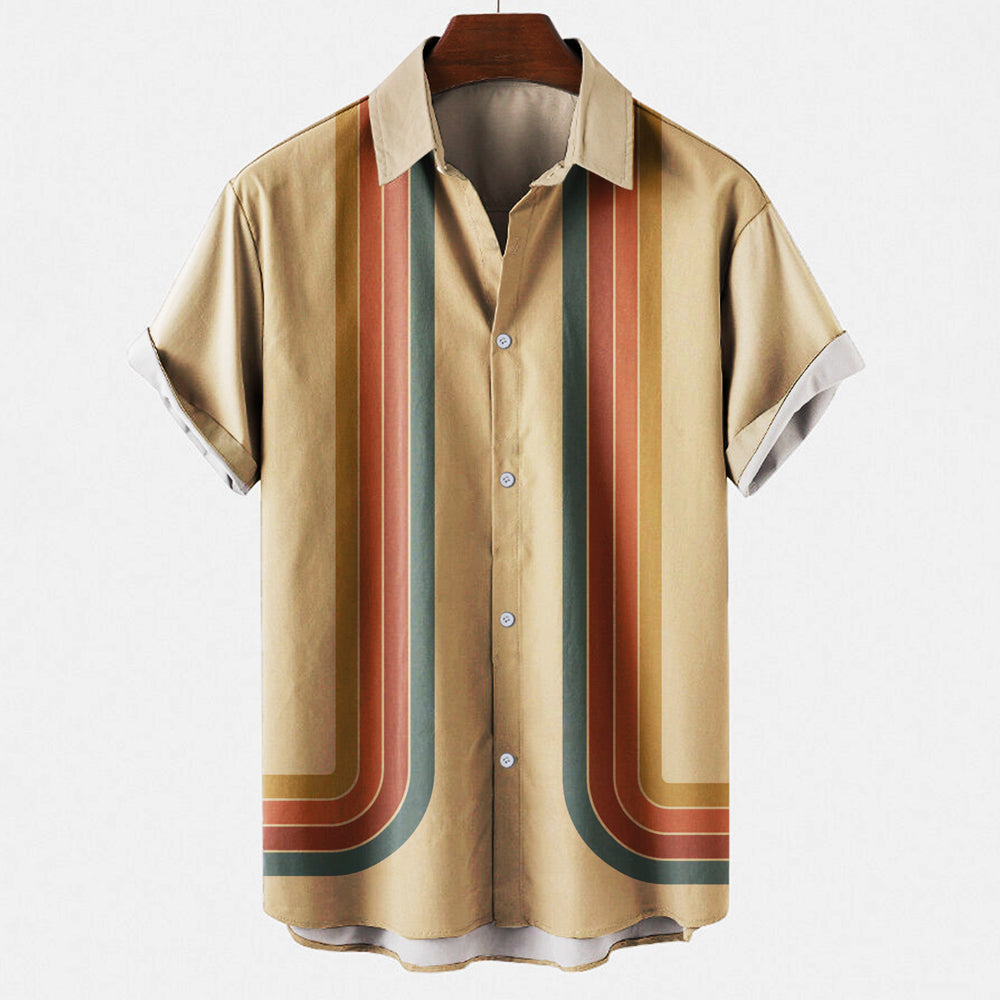 Men's Retro Short Sleeve Shirt Collared Button Up Vintage Style Summer Casual Shirt Lightweight Comfortable Top Beige