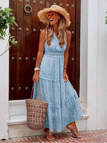 Women's Maxi Dress Sleeveless Boho Summer Flowing Long Dress Lightweight Comfortable Casual Holiday Beach Style Blue