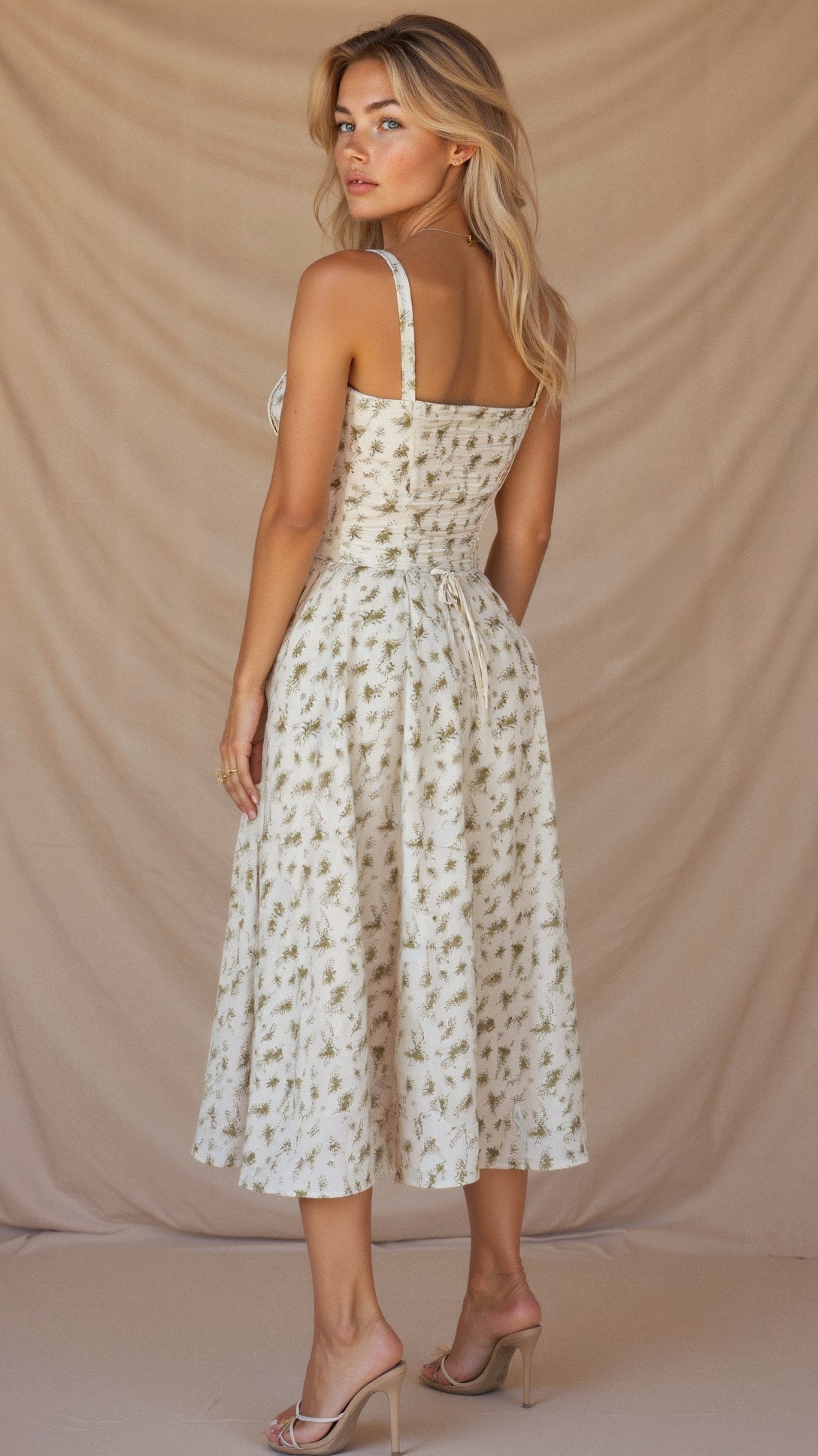 Women's Summer Dress Split Midi Casual Lightweight Floral Dress Sleeveless Comfortable Flowy Holiday Beach Style Beige