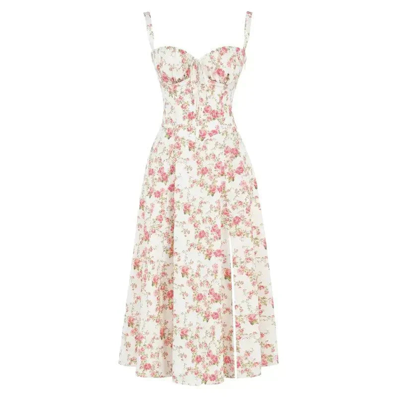 Women's Summer Dress Split Midi Casual Lightweight Floral Dress Sleeveless Comfortable Flowy Holiday Beach Style Beige