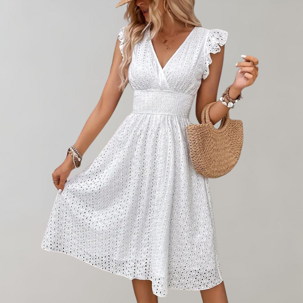 Women's Summer Dress V Neck Midi Casual Lightweight Elegant Sleeveless White Dress Comfortable Flowy Holiday Beach Style White
