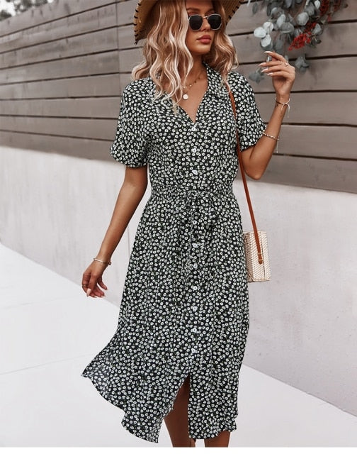 Women's Midi Dress Floral Print Casual Summer Short Sleeve Button Front Tie Waist Lightweight Comfortable Flowy Everyday Dress Blue