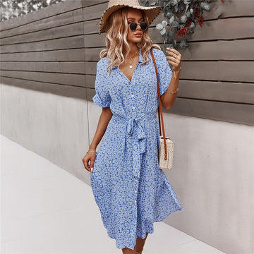 Women's Midi Dress Floral Print Casual Summer Short Sleeve Button Front Tie Waist Lightweight Comfortable Flowy Everyday Dress Blue