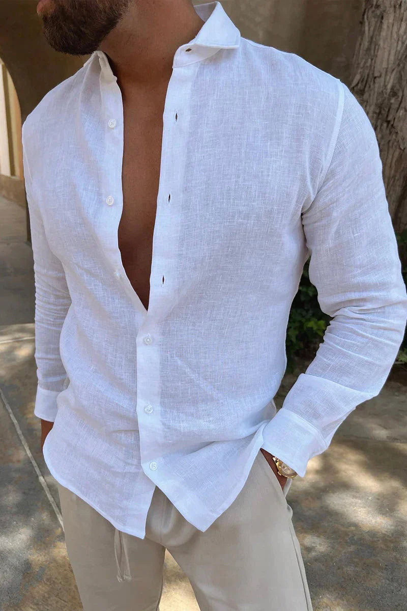 Men's White Linen Long Sleeve Shirt Button Up Lightweight Breathable Casual Summer Shirt Soft Comfortable Relaxed Fit Everyday Top White